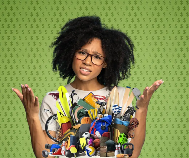 Woman reacting to an overwhelming pile of sports equipment against a money-themed background.